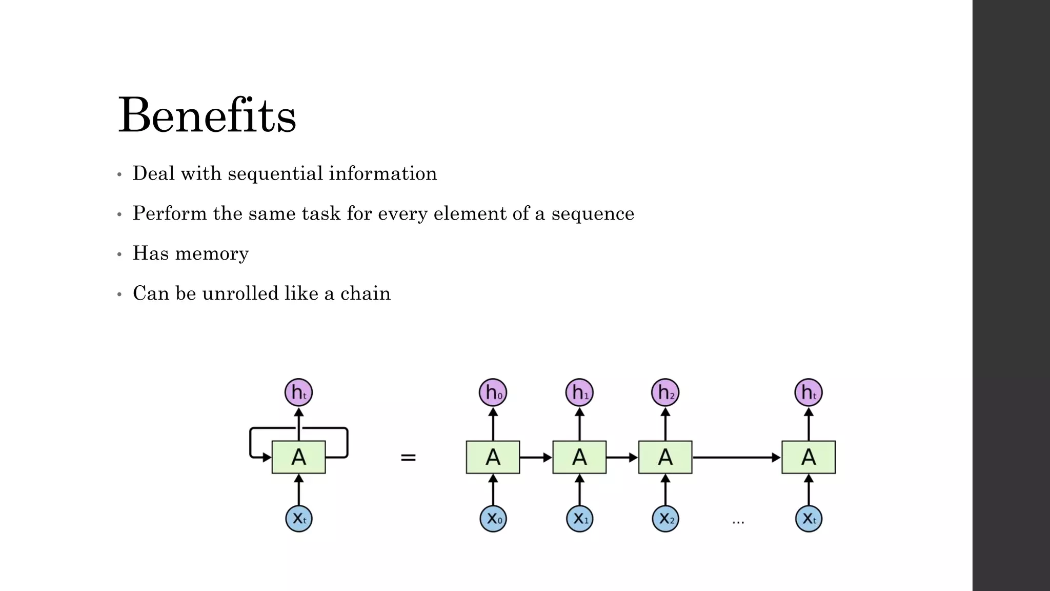 Benefits
• Deal with sequential information
• Perform the same task for every element of a sequence
• Has memory
• Can be unrolled like a chain
 