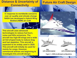 15Future Air Craft DesignDistance & Uncertainty of Connectivity In response to worldwide concerns over air quality and climate change NASA has developed a Hybrid Wing Bodied (HBW) air craft. This aircraft uses advanced technologies to reduce fuel burn, noise and NOx emissions. The aircraft has high-lift wings and a wide air-foil shaped body to reduce drag and fuel depletion. This aircraft is expected to be widely used in 2020. This aircraft will initially be used for mainly for cargo. However, commercial airlines are beginning to investigate this aircraft design. 