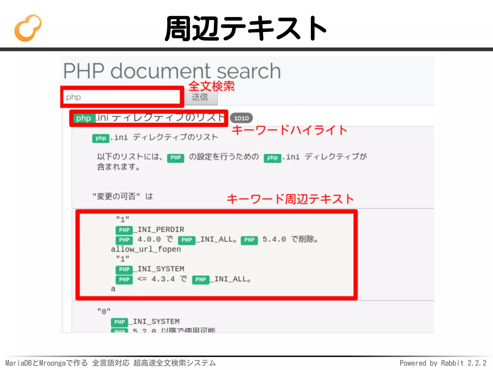 MariaDBとMroongaで作る 全言語対応 超高速全文検索システム Powered by Rabbit 2.2.2
周辺テキスト
 