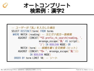 MariaDBとMroongaで作る 全言語対応 超高速全文検索システム Powered by Rabbit 2.2.2
オートコンプリート
検索例：漢字2
-- ユーザーが「乳」を入力した場合
SELECT DISTINCT(term) FROM terms
WHERE MATCH (reading) -- ヨミガナ前方一致検索
AGAINST (CONCAT('*SS prefix_rk_search(reading, ',
mroonga_escape('乳' AS script),
')') IN BOOLEAN MODE) OR
MATCH (term) -- 候補を緩く全文検索（ヒット）
AGAINST (CONCAT('*D+ ', mroonga_escape('乳')))
IN BOOLEAN MODE)
ORDER BY term LIMIT 10; -- ソート
 