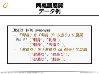 MariaDBとMroongaで作る 全言語対応 超高速全文検索システム Powered by Rabbit 2.2.2
同義語展開
データ例
INSERT INTO synonyms
-- 「刺身」を「刺身 OR お造り」に展開
VALUES ('刺身', '刺身'),
('刺身', 'お造り'),
-- 「お造り」を「お造り OR 刺身」に展開
('お造り', 'お造り'),
('お造り', '刺身');
 