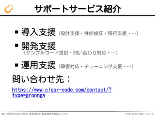 MariaDBとMroongaで作る 全言語対応 超高速全文検索システム Powered by Rabbit 2.2.2
サポートサービス紹介
導入支援（設計支援・性能検証・移行支援・…）
開発支援
（サンプルコード提供・問い合わせ対応・…）
運用支援（障害対応・チューニング支援・…）
問い合わせ先：
https://www.clear-code.com/contact/?
type=groonga
 