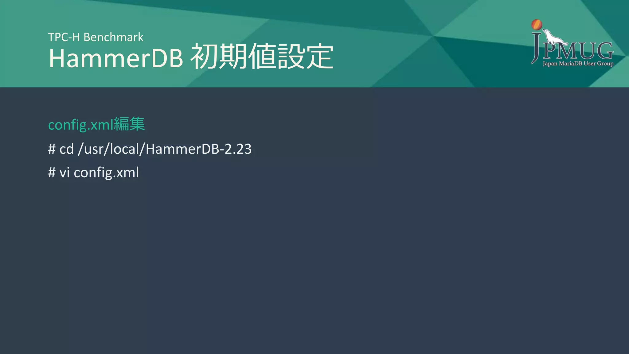 TPC-H Benchmark
HammerDB 初期値設定
config.xml編集
# cd /usr/local/HammerDB-2.23
# vi config.xml
 