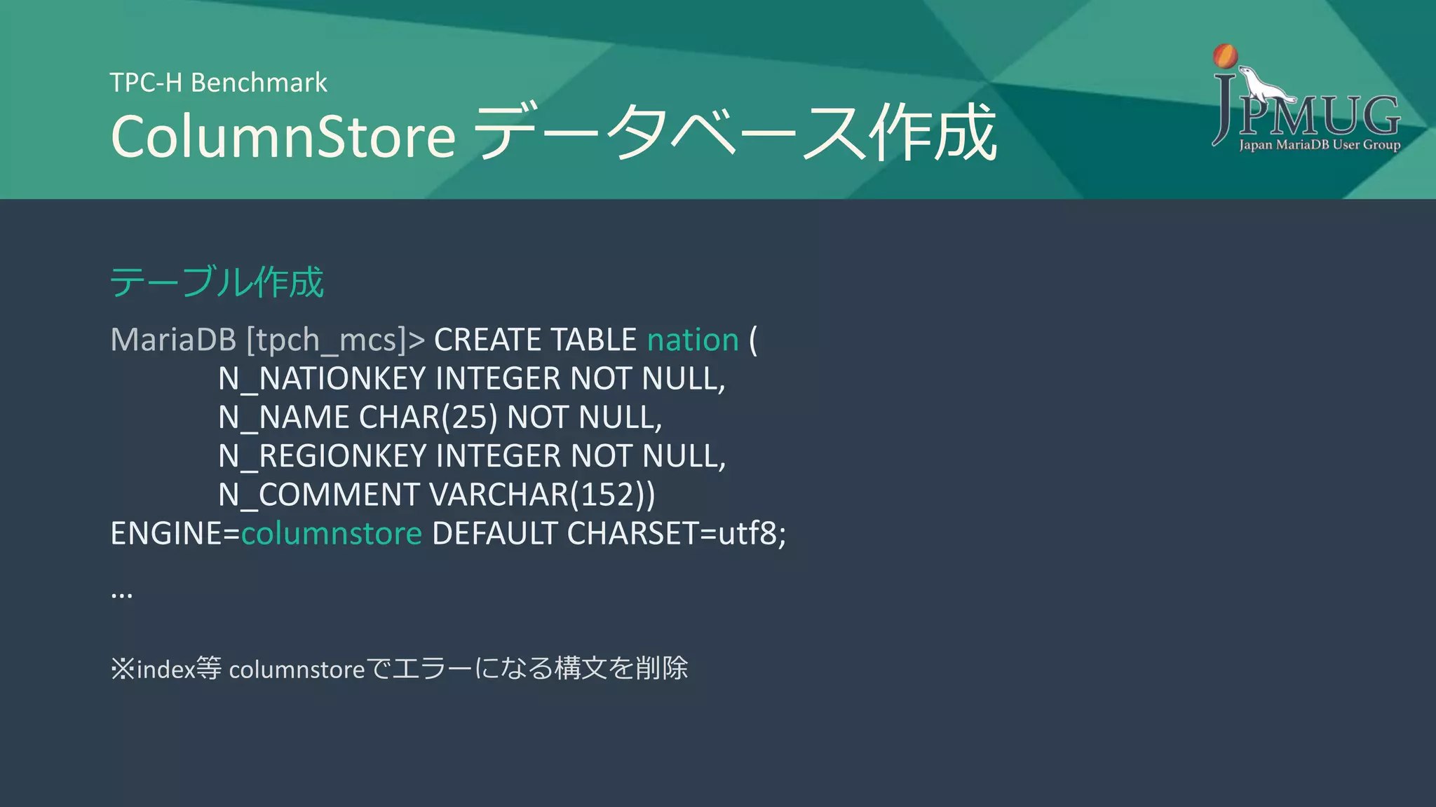 TPC-H Benchmark
ColumnStore データベース作成
テーブル作成
MariaDB [tpch_mcs]> CREATE TABLE nation (
N_NATIONKEY INTEGER NOT NULL,
N_NAME CHAR(25) NOT NULL,
N_REGIONKEY INTEGER NOT NULL,
N_COMMENT VARCHAR(152))
ENGINE=columnstore DEFAULT CHARSET=utf8;
…
※index等 columnstoreでエラーになる構文を削除
 