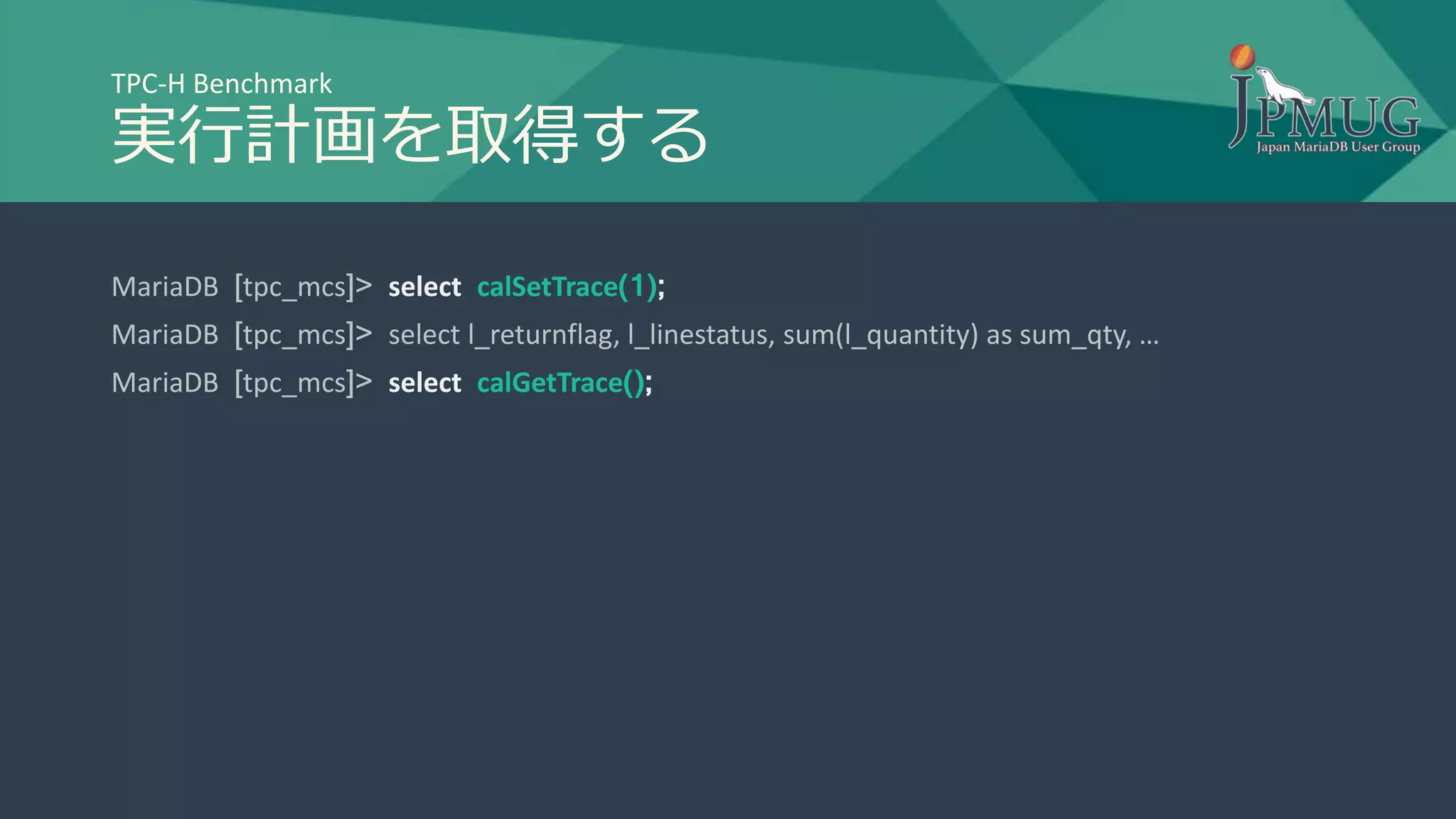 TPC-H Benchmark
実行計画を取得する
MariaDB [tpc_mcs]> select calSetTrace(1);
MariaDB [tpc_mcs]> select l_returnflag, l_linestatus, sum(l_quantity) as sum_qty, …
MariaDB [tpc_mcs]> select calGetTrace();
 