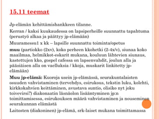 15.11 teemat
Jp-elämän kehittämishankkeen tilanne.
Kerran / kaksi kuukaudessa on lapsiperheille suunnattu tapahtuma
(perustyö alkaa ja päättyy jp-elämään)
Muuramessu1 x kk – lapsille suunnattu toiminta/opetus
muu (partiokko (2xv), koko perheen kkohetki (2-4x/v), siunaa koko
maailmaa, helmikkot-eskarit mukana, kouluun lähtevien siunaus,
kastettujen kko, gospel cafessa on lapsenvahdit, joulun alla ja
pääsiäisen alla on vaelluksia / kkoja, muskarit linkitetty jp-
elämään)
Muu jp-elämä: Kuoroja usein jp-elämässä, seurakuntalaisten
osuuden vahvistaminen (tervehdys, esirukous, tekstin luku, kolehti,
kirkkokahvien keittäminen, avustava suntio, olisiko nyt joku
toivevirsi?) diakonaatin läsnäolon lisääntyminen jp:n
toimittamisessa, esirukouksen määrä vahvistaminen ja nouseminen
seurakunnan elämästä
Laitosten (diakoninen) jp-elämä, srk-laiset mukana toimittamassa
 