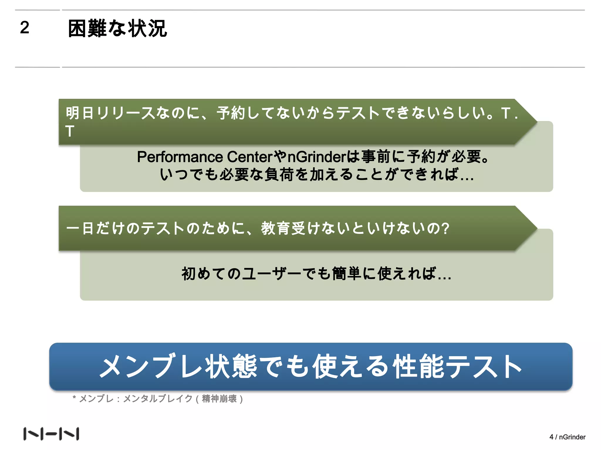 2   困難な状況



    明日リリースなのに、予約してないからテストできないらしい。T .
    T
           Performance CenterやnGrinderは事前に予約が必要。
              いつでも必要な負荷を加えることができれば…


    一日だけのテストのために、教育受けないといけないの?


                初めてのユーザーでも簡単に使えれば…




       メンブレ状態でも使える性能テスト
    ＊メンブレ：メンタルブレイク（精神崩壊）



                                                   4 / nGrinder
 