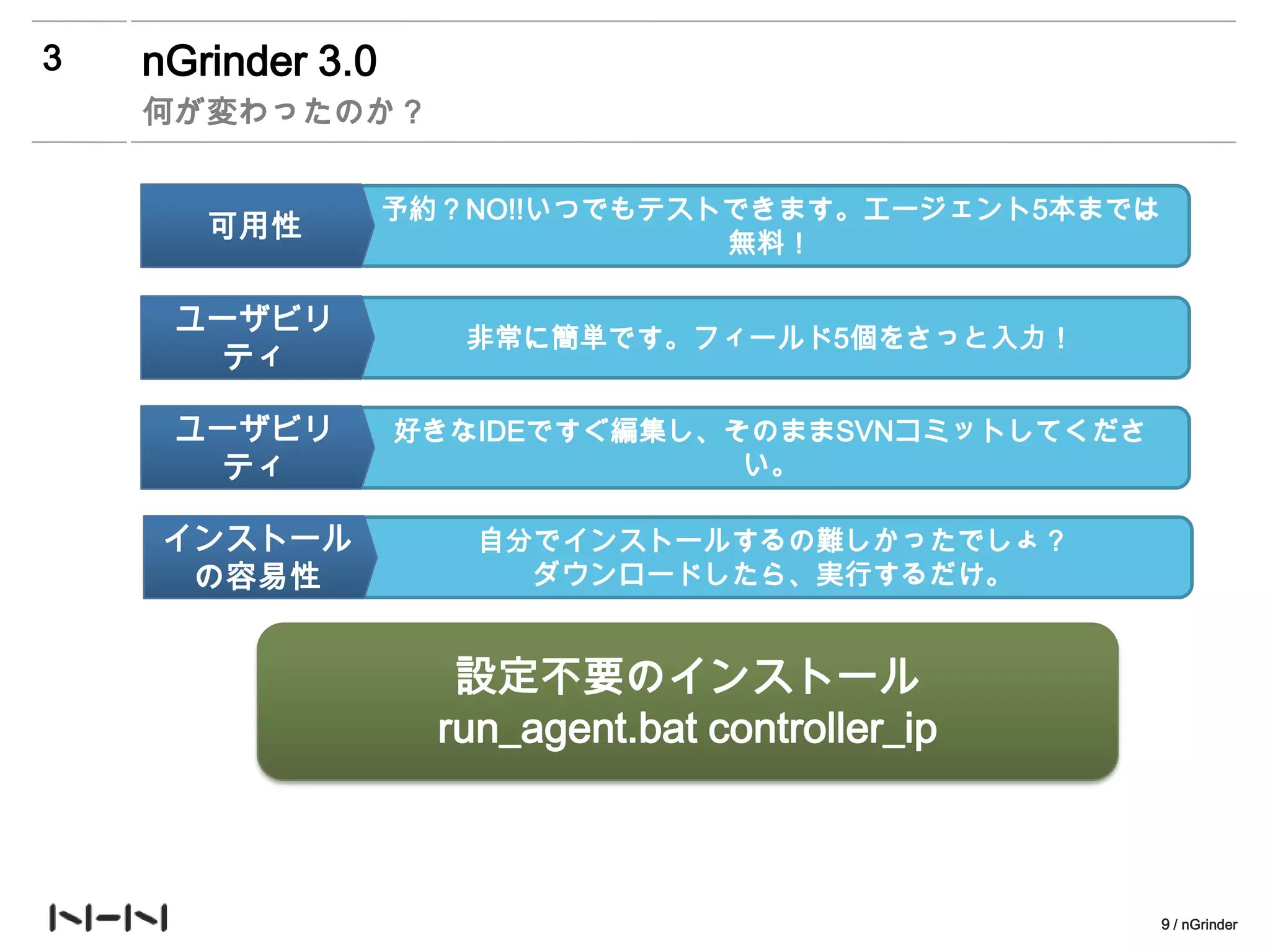 3   nGrinder 3.0
    何が変わったのか？


                   予約？NO!!いつでもテストできます。エージェント5本までは
       可用性                       無料！

     ユーザビリ
                      非常に簡単です。フィールド5個をさっと入力！
      ティ

     ユーザビリ         好きなIDEですぐ編集し、そのままSVNコミットしてくださ
      ティ                         い。

     インストール            自分でインストールするの難しかったでしょ？
      の容易性               ダウンロードしたら、実行するだけ。


                      設定不要のインストール
                     run_agent.bat controller_ip



                                                    9 / nGrinder
 
