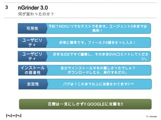 3   nGrinder 3.0
    何が変わったのか？


                   予約？NO!!いつでもテストできます。エージェント5本までは
       可用性                       無料！

     ユーザビリ
                      非常に簡単です。フィールド5個をさっと入力！
      ティ

     ユーザビリ          好きなIDEですぐ編集し、そのままSVNコミットしてくださ
      ティ                                       い。

     インストール           自分でインストールするの難しかったでしょ？
      の容易性              ダウンロードしたら、実行するだけ。


       安定性             バグは？これまで以上に改善されてます!! ^^




               百聞は一見にしかず!! GOOGLEに攻撃を!!

                                                 11 / nGrinder
 