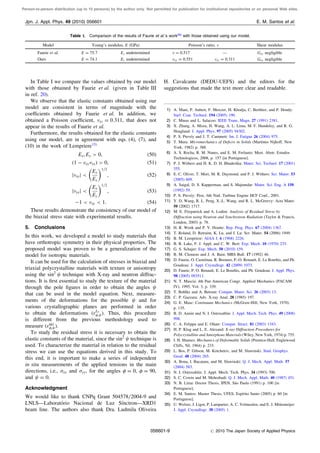 Person-to-person distribution (up to 10 persons) by the author only. Not permitted for publication for institutional repositories or on personal Web sites.
In Table I we compare the values obtained by our model
with those obtained by Faurie et al. (given in Table III
in ref. 20).
We observe that the elastic constants obtained using our
model are consistent in terms of magnitude with the
coeﬃcients obtained by Faurie et al. In addition, we
obtained a Poisson coeﬃcient, xz ¼ 0:311, that does not
appear in the results of Faurie et al.
Furthermore, the results obtained for the elastic constants
using our model, are in agreement with eqs. (4), (7), and
(10) in the work of Lempriere15)
Ex; Ey  0; ð50Þ
ð1 À xyyxÞ  0; ð51Þ
jxyj 
Ey
Ex
 1=2
; ð52Þ
jyxj 
Ex
Ey
 1=2
; ð53Þ
À1  xy  1: ð54Þ
These results demonstrate the consistency of our model of
the biaxial stress state with experimental results.
5. Conclusions
In this work, we developed a model to study materials that
have orthotropic symmetry in their physical properties. The
proposed model was proven to be a generalization of the
model for isotropic materials.
It can be used for the calculation of stresses in biaxial and
triaxial polycrystalline materials with texture or anisotropy
using the sin2
technique with X-ray and neutron diﬀrac-
tions. It is ﬁrst essential to study the texture of the material
through the pole ﬁgures in order to obtain the angles
that can be used in the model equation. Next, measure-
ments of the deformations for the possible and for
various crystallographic planes are performed in order
to obtain the deformations (L3
; ). Thus, this procedure
is diﬀerent from the previous methodology used to
measure (hkl
; ).
To study the residual stress it is necessary to obtain the
elastic constants of the material, since the sin2
technique is
used. To characterize the material in relation to the residual
stress we can use the equations derived in this study. To
this end, it is important to make a series of independent
in situ measurements of the applied tensions in the main
directions, i.e., xx and yy, for the angles  ¼ 0,  ¼ 90,
and ¼ 0.
Acknowledgment
We would like to thank CNPq Grant 504578/2004-9 and
LNLS—Laborato´rio Nacional de Luz Sı´nctron—XRD1
beam line. The authors also thank Dra. Ludmila Oliveira
H. Cavalcante (DEDU-UEFS) and the editors for the
suggestions that made the text more clear and readable.
1) A. Mani, P. Aubert, F. Mercier, H. Khodja, C. Berthier, and P. Houdy:
Surf. Coat. Technol. 194 (2005) 190.
2) C. Minas and L. Salacoo: IEEE Trans. Magn. 27 (1991) 2381.
3) X. Zhang, A. Misra, H. Wang, A. L. Lima, M. F. Hundeley, and R. G.
Hoagland: J. Appl. Phys. 97 (2005) 94302.
4) P. S. Preve´y and J. T. Cammett: Int. J. Fatigue 26 (2004) 975.
5) T. Mura: Micromechanics of Defects in Solids (Martinus Nijhoﬀ, New
York, 1982) p. 388.
6) A. S. Rocha, R. M. Nunes, and E. M. Ferlauto: Meet. Abstr. Estudos
Technologicos, 2008, p. 157 [in Portuguese].
7) P. J. Withers and H. K. D. H. Bhadeshia: Mater. Sci. Technol. 17 (2001)
355.
8) E. C. Oliver, T. Mori, M. R. Daymond, and P. J. Withers: Scr. Mater. 53
(2005) 609.
9) A. Saigal, D. S. Kupperman, and S. Majumdar: Mater. Sci. Eng. A 150
(1992) 59.
10) P. S. Preve´y: Proc. 6th Natl. Turbine Engine HCF Conf., 2001.
11) Y. D. Wang, R. L. Peng, X.-L. Wang, and R. L. McGreevy: Acta Mater.
50 (2002) 1717.
12) M. E. Fitzpatrick and A. Lodini: Analysis of Residual Stress by
Diﬀraction using Neutron and Synchrotron Radiation (Taylor  Francis,
London, 2003) p. 78.
13) H. R. Wenk and P. V. Houtte: Rep. Prog. Phys. 67 (2004) 1367.
14) T. Roland, D. Retraint, K. Lu, and J. Lu: Scr. Mater. 54 (2006) 1949.
15) B. M. Lempriere: AIAA J. 6 (1968) 2226.
16) B. R. Lake, F. J. Appl, and C. W. Bert: Exp. Mech. 10 (1970) 233.
17) G. S. Schajer: Exp. Mech. 50 (2010) 159.
18) B. M. Clemens and J. A. Bain: MRS Bull. 17 (1992) 46.
19) D. Faurie, O. Castelnau, R. Brenner, P.-O. Renault, E. Le Bourhis, and Ph.
Goudeau: J. Appl. Crystallogr. 42 (2009) 1073.
20) D. Faurie, P. O. Renault, E. Le Bourhis, and Ph. Goudeau: J. Appl. Phys.
98 (2005) 093511.
21) N. T. Mascia: 4th Pan American Congr. Applied Mechanics (PACAM
IV), 1995, Vol. 3, p. 339.
22) T. Bohlke and A. Betram: Comput. Mater. Sci. 26 (2003) 13.
23) C. P. Gazzara: Adv. X-ray Anal. 28 (1985) 197.
24) G. E. Mase: Continuum Mechanics (McGraw-Hill, New York, 1970)
p. 135.
25) B. D. Annin and N. I. Ostrosablin: J. Appl. Mech. Tech. Phys. 49 (2008)
998.
26) C. A. Felippa and E. On˜ate: Comput. Struct. 81 (2003) 1343.
27) H. P. Klug and L. E. Alexand: X-ray Diﬀraction Procedures for
Polycrystalline and Amorphous Materials (Wiley, New York, 1974) p. 755.
28) I. H. Shames: Mechanics of Deformable Solids (Prentice-Hall, Englewood
Cliﬀs, NJ, 1964) p. 233.
29) L. Bos, P. Gibson, M. Kotchetov, and M. Slawinski: Stud. Geophys.
Geod. 48 (2004) 265.
30) A. Bona, I. Bucataru, and M. Slawinski: Q. J. Mech. Appl. Math. 57
(2004) 583.
31) N. I. Ostrosablin: J. Appl. Mech. Tech. Phys. 34 (1993) 700.
32) S. C. Cowin and M. Mehrabadi: Q. J. Mech. Appl. Math. 40 (1987) 451.
33) N. B. Lima: Doctor Thesis, IPEN, Sa˜o Paulo (1991) p. 100 [in
Portuguese].
34) E. M. Santos: Master Thesis, UFES, Espı´rito Santo (2005) p. 60 [in
Portuguese].
35) U. Welzer, J. Ligot, P. Lamparter, A. C. Velmeulen, and E. J. Mittemeijer:
J. Appl. Crystallogr. 38 (2005) 1.
Table I. Comparison of the results of Faurie et al.’s work20)
with those obtained using our model.
Model Young’s modulus, E (GPa) Poisson’s ratio,  Shear modulus
Faurie et al. E ¼ 75:7 Ez undetermined  ¼ 0:517 — Gxy negligible
Ours E ¼ 74:1 Ez undetermined xy ¼ 0:551 xz ¼ 0:311 Gxy negligible
Jpn. J. Appl. Phys. 49 (2010) 056601 E. M. Santos et al.
056601-9 # 2010 The Japan Society of Applied Physics
 