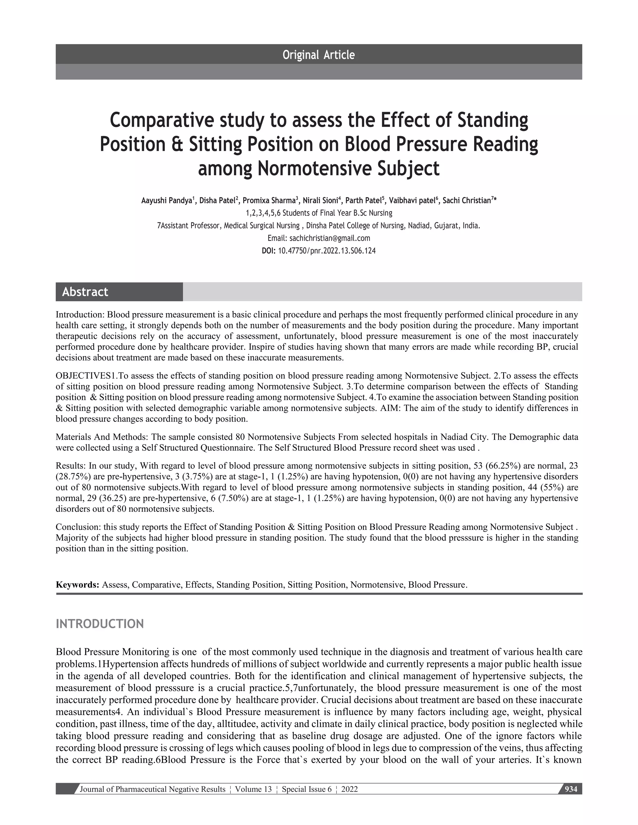 Comparative study to assess the Effect of Standing Position & Sitting ...
