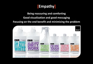 [Empathy]
            Being reassuring and comforting
        Good visualization and good messaging
Focusing on the end benefit and minimizing the problem
 
