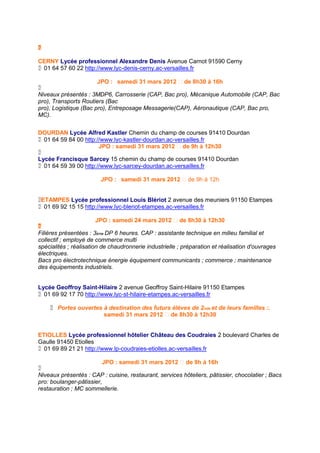

CERNY Lycée professionnel Alexandre Denis Avenue Carnot 91590 Cerny
01 64 57 60 22 http://www.lyc-denis-cerny.ac-versailles.fr

                       JPO : samedi 31 mars 2012 de 8h30 à 16h

Niveaux présentés : 3MDP6, Carrosserie (CAP, Bac pro), Mécanique Automobile (CAP, Bac
pro), Transports Routiers (Bac
pro), Logistique (Bac pro), Entreposage Messagerie(CAP), Aéronautique (CAP, Bac pro,
MC).


DOURDAN Lycée Alfred Kastler Chemin du champ de courses 91410 Dourdan
01 64 59 84 00 http://www.lyc-kastler-dourdan.ac-versailles.fr
                       JPO : samedi 31 mars 2012  de 9h à 12h30

Lycée Francisque Sarcey 15 chemin du champ de courses 91410 Dourdan
01 64 59 39 00 http://www.lyc-sarcey-dourdan.ac-versailles.fr

                         JPO : samedi 31 mars 2012 de 9h à 12h


ETAMPES Lycée professionnel Louis Blériot 2 avenue des meuniers 91150 Etampes
01 69 92 15 15 http://www.lyc-bleriot-etampes.ac-versailles.fr

                        JPO : samedi 24 mars 2012  de 8h30 à 12h30

Filières présentées : 3ème DP 6 heures. CAP : assistante technique en milieu familial et
collectif ; employé de commerce multi
spécialités ; réalisation de chaudronnerie industrielle ; préparation et réalisation d'ouvrages
électriques.
Bacs pro électrotechnique énergie équipement communicants ; commerce ; maintenance
des équipements industriels.


Lycée Geoffroy Saint-Hilaire 2 avenue Geoffroy Saint-Hilaire 91150 Etampes
01 69 92 17 70 http://www.lyc-st-hilaire-etampes.ac-versailles.fr

      Portes ouvertes à destination des futurs élèves de 2nde et de leurs familles :.
                        samedi 31 mars 2012 de 8h30 à 12h30


ETIOLLES Lycée professionnel hôtelier Château des Coudraies 2 boulevard Charles de
Gaulle 91450 Etiolles
01 69 89 21 21 http://www.lp-coudraies-etiolles.ac-versailles.fr

                         JPO : samedi 31 mars 2012  de 9h à 16h

Niveaux présentés : CAP : cuisine, restaurant, services hôteliers, pâtissier, chocolatier ; Bacs
pro: boulanger-pâtissier,
restauration ; MC sommellerie.
 