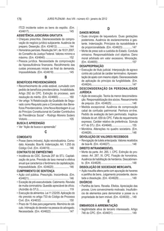 176                                     JURIS PLENUM - Ano VIII - número 43 - janeiro de 2012


   ITCD incidente sobre os bens do espólio. (Em.                                                                 D
   43/4617)...........................................................145     DANOS MORAIS
ASSISTÊNCIA JUDICIÁRIA GRATUITA                                               •	 Duas cirurgias de laqueadura. Duas gestações
•	 Cheques prescritos. Desnecessidade da compro-                                 posteriores. Ausência de esclarecimentos à ges-
   vação do negócio jurídico subjacente. Ausência de                             tante. Indenização. Princípios da razoabilidade e
   preparo. Deserção. (Em. 43/4612)..................144                         da proporcionalidade. (Em. 43/4623)..............147
•	 Honorários periciais. Resolução 541, de 18.01.2007,                        •	 Morte de preso sob a custódia do Estado. Conduta
   do Conselho da Justiça Federal. Valores mínimo e                              omissiva. Responsabilidade civil objetiva. Dano
   máximo. (Em. 43/4640)...................................152                   moral arbitrado em valor excessivo. Minoração.
•	 Pessoa jurídica. Necessidade de comprovação                                   (Em. 43/4655)..................................................157
   da hipossuficiência financeira. Recolhimento das                           DESAPROPRIAÇÃO
   custas processuais iniciais ao final da demanda.                           •	 Execução de título judicial. Interposição de agravo
   Impossibilidade. (Em. 43/4618).......................145                      contra ato judicial de caráter terminativo. Apresen-
                                    B                                            tação de apelo com mesmo objeto. Desnecessidade
                                                                                 de aplicação do princípio da fungibilidade. (Em.
BENEFÍCIOS PREVIDENCIÁRIOS
                                                                                 43/4624)...........................................................147
•	 Reconhecimento de união estável, cumulado com
   pedido de benefícios previdenciários. Inviabilidade.                       DESCONSIDERAÇÃO DA PERSONALIDADE
   Artigo 292 do CPC. Extinção do processo, sem                               JURÍDICA
   resolução do mérito. (Em. 43/4665)................160                      •	 Ação de execução. Teoria da menor desconsidera-
•	 Ver artigo “A Relativização da Qualidade de Segu-                             ção. Responsabilização dos sócios. Ressarcimento
   rado como Requisito para a Concessão dos Bene-                                de prejuízo. (Em. 43/4625)..............................148
   fícios Previdenciários. Uma Nova Abordagem à Luz                           •	 Medida excepcional. Ausência de comprovação
   do Princípio Constitucional do Caráter Contributivo                           cabal de confusão patrimonial. Penhora on-line.
   da Previdência Social” - Rodrigo Moreira Sodero                               Pedido de avaliação de bem penhorado. Inaplica-
   Victorio.............................................................105      bilidade do art. 659 do CPC. Falta de requerimento
                                                                                 expresso. Caráter relativo de preferência. Súmula
BUSCA E APREENSÃO
                                                                                 417 do STJ. (Em. 43/4648)..............................155
•	 Ver “Ação de busca e apreensão”
                                                                              •	 Monitória. Alterações no quadro societário. (Em.
                                    C                                            43/4626)...........................................................148
COMODATO                                                                      DEVOLUÇÃO DE VALORES RECEBIDOS
•	 Posse (bens imóveis). Ação reivindicatória. Como-                          •	 Revogação de tutela antecipada. Valores recebidos
   dato. Acessão. Boa-fé. Indenização. Art. 1.255 do                             de boa-fé. (Em. 43/4627).................................148
   Código Civil. (Em. 43/4619).............................146                DIREITO INTRANSMISSÍVEL
CONTRATO DE EMPRÉSTIMO                                                        •	 Morte da parte. Art. 265, I, CPC. Extinção do pro-
•	 Incidência do CDC. Súmula 297 do STJ. Capitali-                               cesso. Art. 267, IX, CPC. Fixação de honorários.
   zação de juros. Previsão de taxa mensal e efetiva                             Ausência de habilitação de herdeiros. Descabimen-
   anual que caracteriza o fenômeno da capitalização.                            to. (Em. 43/4628).............................................148
   Impossibilidade. (Em. 43/4620).......................146                   DISSOLUÇÃO DE SOCIEDADE MERCANTIL
CUMPRIMENTO DE SENTENÇA                                                       •	 Ação inaudita altera parte com apuração de haveres
•	 Ação civil pública. Prescrição. Inocorrência. (Em.                            e partilha de bens. Julgamento procedente, decre-
   43/4621)...........................................................146        tada a dissolução. (Em. 43/4629)....................149
•	 Exceção de pré-executividade. Cabimento. Revisão                           DIVÓRCIO
   de multa cominatória. Questão apreciável de ofício.                        •	 Partilha de bens. Revelia. Efeitos. Apreciação das
   (Acórdão do STJ)............................................. 119             provas. Livre convencimento motivado. Insuficiên-
•	 Execução de alimentos. Lei 11.232/05. Aplicação do                            cia de elementos para demonstrar a posse ou a
   rito previsto no artigo 733 do Código de Processo                             propriedade de bem imóvel. (Em. 43/4630)....149
   Civil. (Em. 43/4632).........................................150                                              E
•	 Prazo de 15 dias para pagamento. Memória de cál-                           EMBARGOS À ARREMATAÇÃO
   culo. Intimação do devedor na pessoa do advogado.                          •	 Ilegitimidade ativa de terceiro interessado. Artigo
   Necessidade. (Em. 43/4622)...........................147                      746 do CPC. (Em. 43/4631)............................149
 