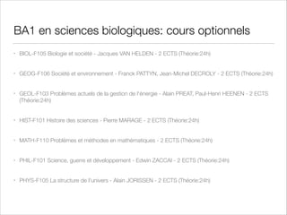 BA1 en sciences biologiques: cours optionnels
•

BIOL-F105 Biologie et société - Jacques VAN HELDEN - 2 ECTS (Théorie:24h)  

•

GEOG-F106 Société et environnement - Franck PATTYN, Jean-Michel DECROLY - 2 ECTS (Théorie:24h)  

•

GEOL-F103 Problèmes actuels de la gestion de l'énergie - Alain PREAT, Paul-Henri HEENEN - 2 ECTS
(Théorie:24h)  

•

HIST-F101 Histoire des sciences - Pierre MARAGE - 2 ECTS (Théorie:24h)  

•

MATH-F110 Problèmes et méthodes en mathématiques - 2 ECTS (Théorie:24h)  

•

PHIL-F101 Science, guerre et développement - Edwin ZACCAI - 2 ECTS (Théorie:24h)  

•

PHYS-F105 La structure de l'univers - Alain JORISSEN - 2 ECTS (Théorie:24h)  

 