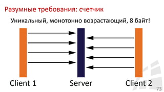Разумные требования: счетчик
73
Уникальный, монотонно возрастающий, 8 байт!
 