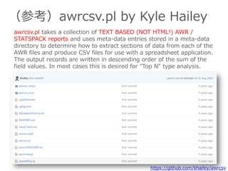 （参考）awrcsv.pl by Kyle Hailey
https://github.com/khailey/awrcsv
awrcsv.pl takes a collection of TEXT BASED (NOT HTML!) AWR /
STATSPACK reports and uses meta-data entries stored in a meta-data
directory to determine how to extract sections of data from each of the
AWR files and produce CSV files for use with a spreadsheet application.
The output records are written in descending order of the sum of the
field values. In most cases this is desired for "Top N" type analysis.
 