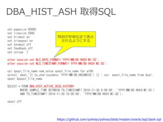 DBA_HIST_ASH 取得SQL
set pagesize 50000
set linesize 5000
set trimout on
set trimspool on
set termout off
set feedback off
set colsep '|'
alter session set NLS_DATE_FORMAT='YYYY/MM/DD HH24:MI:SS';
alter session set NLS_TIMESTAMP_FORMAT='YYYY/MM/DD HH24:MI:SS';
col spool_file_name new_value spool_file_name for a100
select 'dash_'|| to_char(sysdate,'YYYY-MM-DD_HH24MISS') || '.csv' spool_file_name from dual;
spool &spool_file_name
SELECT * FROM DBA_HIST_ACTIVE_SESS_HISTORY
WHERE SAMPLE_TIME BETWEEN TO_TIMESTAMP('2016-11-30 9:00:00', 'YYYY/MM/DD HH24:MI:SS')
AND TO_TIMESTAMP('2016-11-30 10:00:00', 'YYYY/MM/DD HH24:MI:SS');
spool off
時刻が秒単位まで表示
されるようにする
https://github.com/yoheia/yoheia/blob/master/oracle/sql/dash.sql
 