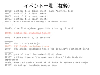 10000: control file debug event, name 'control_file'
10001: control file crash event1
10002: control file crash event2
10003: control file crash event3
10004: block recovery testing - internal error
………………
10045: free list update operations - ktsrsp, ktsunl
10046: enable SQL statement timing
10047: trace switching of sessions
………………
10052: don't clean up obj$
10053: CBO Enable optimizer trace
10054: CBO Enable optimizer trace for recursive statement (RPI)
………………
10995: general event for materialized views
10997: another startup/shutdown operation of this instance
inprogress
10998: event to enable short stack dumps in system state dumps
10999: do not get database enqueue name
イベント一覧（抜粋）
 