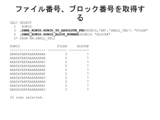 SQL> SELECT
2 ROWID
3 ,DBMS_ROWID.ROWID_TO_ABSOLUTE_FNO(ROWID,'RM','SMALL_TBL') "FILE#"
4 ,DBMS_ROWID.ROWID_BLOCK_NUMBER(ROWID) "BLOCK#"
5* FROM RM.SMALL_TBL;
ROWID FILE# BLOCK#
------------------ ---------- ----------
AAADkVAAFAAAAAHAAA 5 7
AAADkVAAFAAAAAHAAB 5 7
AAADkVAAFAAAAAHAAC 5 7
AAADkVAAFAAAAAHAAD 5 7
AAADkVAAFAAAAAHAAE 5 7
AAADkVAAFAAAAAHAAF 5 7
AAADkVAAFAAAAAHAAG 5 7
AAADkVAAFAAAAAHAAH 5 7
AAADkVAAFAAAAAHAAI 5 7
AAADkVAAFAAAAAHAAJ 5 7
10 rows selected.
ファイル番号、ブロック番号を取得す
る
 