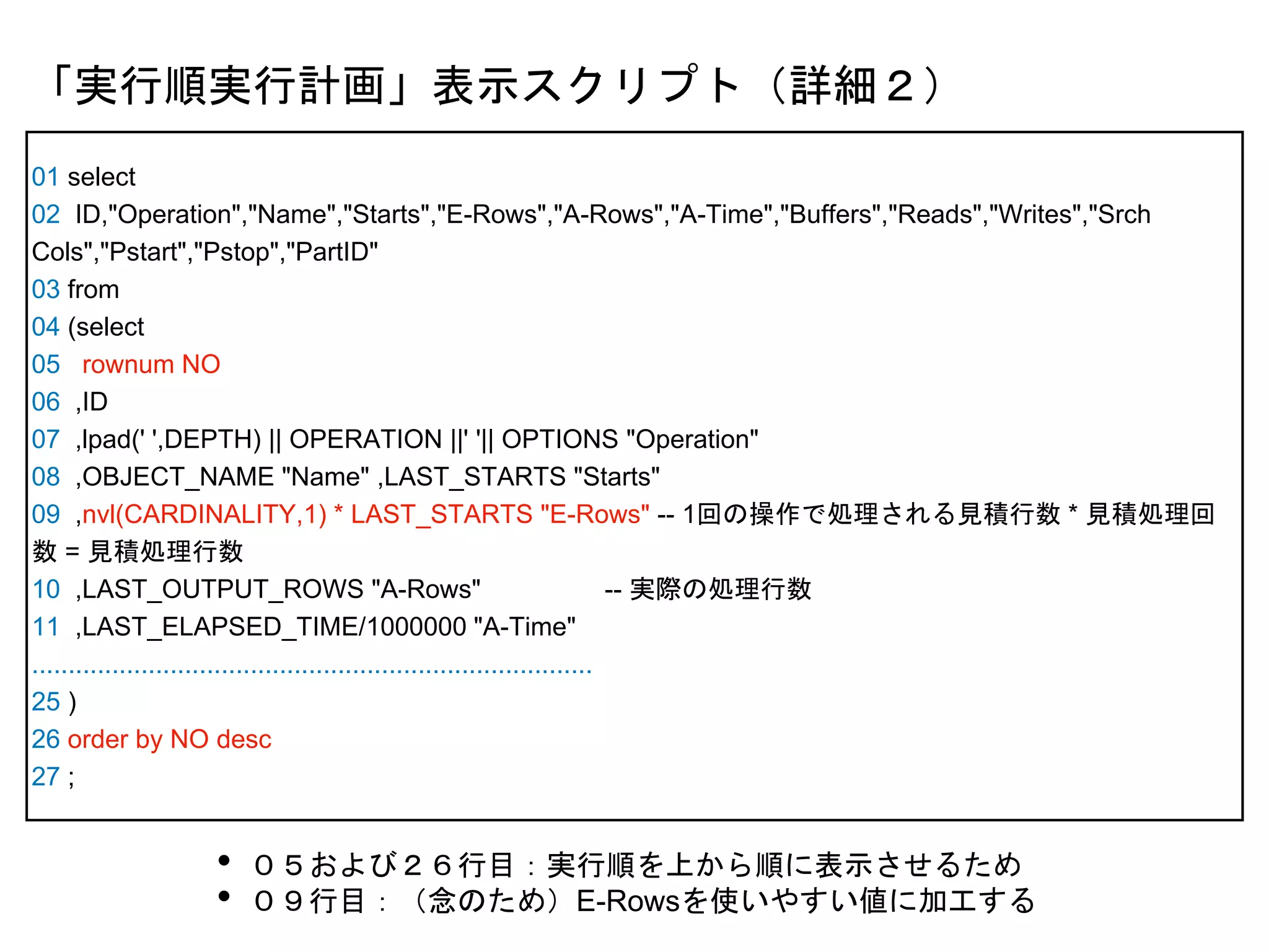 01 select
02 ID,"Operation","Name","Starts","E-Rows","A-Rows","A-Time","Buffers","Reads","Writes","Srch
Cols","Pstart","Pstop","PartID"
03 from
04 (select
05 rownum NO
06 ,ID
07 ,lpad(' ',DEPTH) || OPERATION ||' '|| OPTIONS "Operation"
08 ,OBJECT_NAME "Name" ,LAST_STARTS "Starts"
09 ,nvl(CARDINALITY,1) * LAST_STARTS "E-Rows" -- 1回の操作で処理される見積行数 * 見積処理回
数 = 見積処理行数
10 ,LAST_OUTPUT_ROWS "A-Rows" -- 実際の処理行数
11 ,LAST_ELAPSED_TIME/1000000 "A-Time"
.............................................................................
25 )
26 order by NO desc
27 ;
「実行順実行計画」表示スクリプト（詳細２）
• ０５および２６行目：実行順を上から順に表示させるため
• ０９行目：（念のため）E-Rowsを使いやすい値に加工する
 