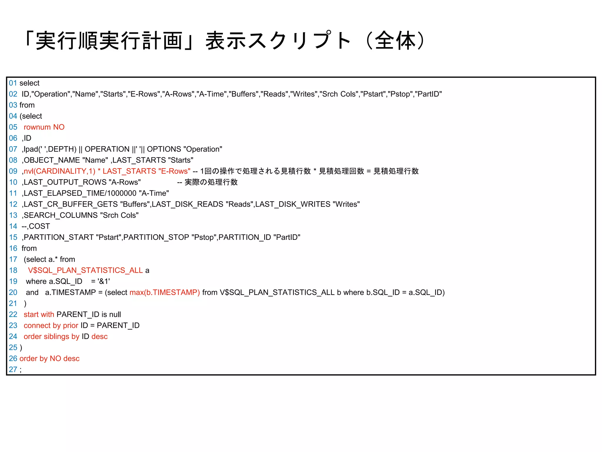01 select
02 ID,"Operation","Name","Starts","E-Rows","A-Rows","A-Time","Buffers","Reads","Writes","Srch Cols","Pstart","Pstop","PartID"
03 from
04 (select
05 rownum NO
06 ,ID
07 ,lpad(' ',DEPTH) || OPERATION ||' '|| OPTIONS "Operation"
08 ,OBJECT_NAME "Name" ,LAST_STARTS "Starts"
09 ,nvl(CARDINALITY,1) * LAST_STARTS "E-Rows" -- 1回の操作で処理される見積行数 * 見積処理回数 = 見積処理行数
10 ,LAST_OUTPUT_ROWS "A-Rows" -- 実際の処理行数
11 ,LAST_ELAPSED_TIME/1000000 "A-Time"
12 ,LAST_CR_BUFFER_GETS "Buffers",LAST_DISK_READS "Reads",LAST_DISK_WRITES "Writes"
13 ,SEARCH_COLUMNS "Srch Cols"
14 --,COST
15 ,PARTITION_START "Pstart",PARTITION_STOP "Pstop",PARTITION_ID "PartID"
16 from
17 (select a.* from
18 V$SQL_PLAN_STATISTICS_ALL a
19 where a.SQL_ID = '&1'
20 and a.TIMESTAMP = (select max(b.TIMESTAMP) from V$SQL_PLAN_STATISTICS_ALL b where b.SQL_ID = a.SQL_ID)
21 )
22 start with PARENT_ID is null
23 connect by prior ID = PARENT_ID
24 order siblings by ID desc
25 )
26 order by NO desc
27 ;
「実行順実行計画」表示スクリプト（全体）
 