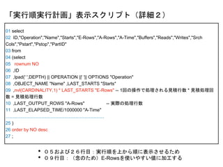 01 select
02 ID,"Operation","Name","Starts","E-Rows","A-Rows","A-Time","Buffers","Reads","Writes","Srch
Cols","Pstart","Pstop","PartID"
03 from
04 (select
05 rownum NO
06 ,ID
07 ,lpad(' ',DEPTH) || OPERATION ||' '|| OPTIONS "Operation"
08 ,OBJECT_NAME "Name" ,LAST_STARTS "Starts"
09 ,nvl(CARDINALITY,1) * LAST_STARTS "E-Rows" -- 1回の操作で処理される見積行数 * 見積処理回
数 = 見積処理行数
10 ,LAST_OUTPUT_ROWS "A-Rows" -- 実際の処理行数
11 ,LAST_ELAPSED_TIME/1000000 "A-Time"
.............................................................................
25 )
26 order by NO desc
27 ;
「実行順実行計画」表示スクリプト（詳細２）
• ０５および２６行目：実行順を上から順に表示させるため
• ０９行目：（念のため）E-Rowsを使いやすい値に加工する
 
