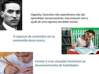 Vygotsky: Conceitos não-espontâneos não são
            aprendidos mecanicamente, mas evoluem com a
            ajuda de uma vigorosa atividade mental.




O repassar de conteúdos vai na
contramão dessa teoria.




               Ensinar é criar situações favoráveis ao
               desenvolvimento de habilidades.
 