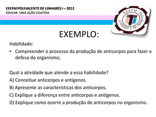 EXEMPLO:
Habilidade:
• Compreender o processo da produção de anticorpos para fazer a
  defesa do organismo;

Qual a atividade que atende a essa habilidade?
A) Conceitue anticorpos e antígenos.
B) Apresente as características dos anticorpos.
C) Explique a diferença entre anticorpos e antígenos.
D) Explique como ocorre a produção de anticorpos no organismo.
 