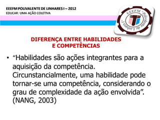 DIFERENÇA ENTRE HABILIDADES
             E COMPETÊNCIAS

• “Habilidades são ações integrantes para a
  aquisição da competência.
  Circunstancialmente, uma habilidade pode
  tornar-se uma competência, considerando o
  grau de complexidade da ação envolvida”.
  (NANG, 2003)
 
