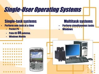 32
Single-User Operating Systems
Single-task systems
• Perform one task at a time
• Pocket PC
• Palm OS ORpalmtop,
• Windows Mobile
Multitask systems
• Perform simultaneous tasks
• Windows
 