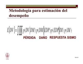 Metodología para estimación del
desempeño
UNI
RESPUESTA SISMO
DAÑO
PÉRDIDA
104/101
 