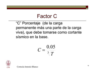 Factor C
“C” Porcentaje (de la carga
permanente más una parte de la carga
viva), que debe tomarse como cortante
sísmico en la base.
UNI
“C” Porcentaje (de la carga
permanente más una parte de la carga
viva), que debe tomarse como cortante
sísmico en la base.
3
05
.
0
T
C 
Cortesía Antonio Blanco
16
 