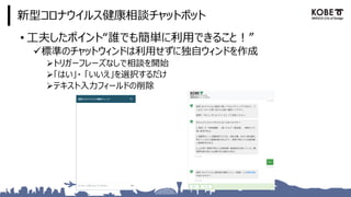 新型コロナウイルス健康相談チャットボット
• 工夫したポイント“誰でも簡単に利用できること！”
✓標準のチャットウィンドは利用せずに独自ウィンドを作成
➢トリガーフレーズなしで相談を開始
➢「はい」・ 「いいえ」を選択するだけ
➢テキスト入力フィールドの削除
 