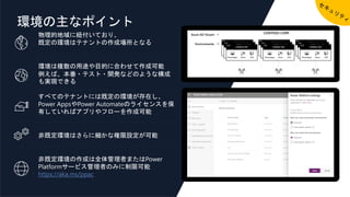 環境の主なポイント
物理的地域に紐付いており、
既定の環境はテナントの作成場所となる
環境は複数の用途や目的に合わせて作成可能
例えば、本番・テスト・開発などのような構成
も実現できる
すべてのテナントには既定の環境が存在し、
Power AppsやPower Automateのライセンスを保
有していればアプリやフローを作成可能
非既定環境はさらに細かな権限設定が可能
非既定環境の作成は全体管理者またはPower
Platformサービス管理者のみに制限可能
https://aka.ms/ppac
 