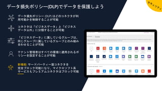 データ損失ポリシー(DLP)でデータを保護しよう
データ損失ポリシー (DLP) はどのコネクタが利
用可能かを制御することが可能
コネクタは「ビジネスデータ」と「ビジネス
データ以外」に分類することが可能
「ビジネスデータ」に属しているグループは、
同じグループに属しているグループとのみ組み
合わせることが可能
テナント管理者はすべての環境に適用されるポ
リシーを設定することが可能
新機能: サードパーティー製コネクタを
完全ブロック可能になり、マイクロソフト系
サービスもプレミアムコネクタはブロック可能
 