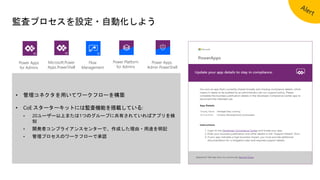 監査プロセスを設定・自動化しよう
• 管理コネクタを用いてワークフローを構築
• CoE スターターキットには監査機能を搭載している:
• 20ユーザー以上または1つのグループに共有されていればアプリを検
知
• 開発者コンプライアンスセンターで、作成した理由・用途を明記
• 管理プロセスのワークフローで承認
Flow
Management
Power Platform
for Admins
Power Apps
for Admins
Power Apps.
Admin PowerShell
Microsoft.Power
Apps.PowerShell
 