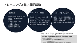 トレーニングと社内展開活動
展開活動
App in a Day ワークショップ
ハッカソンで実際の課題と
向き合う
ベストプラクティス・
テックトーク
お披露目会の開催
成功例を社内で共有
社内で「チャンピョン」を作る
Yammer / Teams channel
社内ポータル・SharePointを立上げる
月次ニュースレターを配信する
個々の従業員を評価・表彰する
コミュニティの創出 トレーニングとサポート
内部でトレーニングを用意する
初心者・中級者・上級者に応じて
トラックを複数用意
毎週「質問タイム」の時間を設ける
社内展開をPowerful resources to support your
nurture motion
▪ 作成されたアプリやフローを確認可能
▪ チャンピョンを特定
▪ 新人のTemplates for nurture outreach and education
ダウンロード：go.tyoshida.me/coestarterkit
 