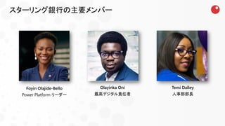 スターリング銀行の主要メンバー
Olayinka Oni
最高デジタル責任者
Foyin Olajide-Bello
Power Platform リーダー
Temi Dalley
人事部部長
 