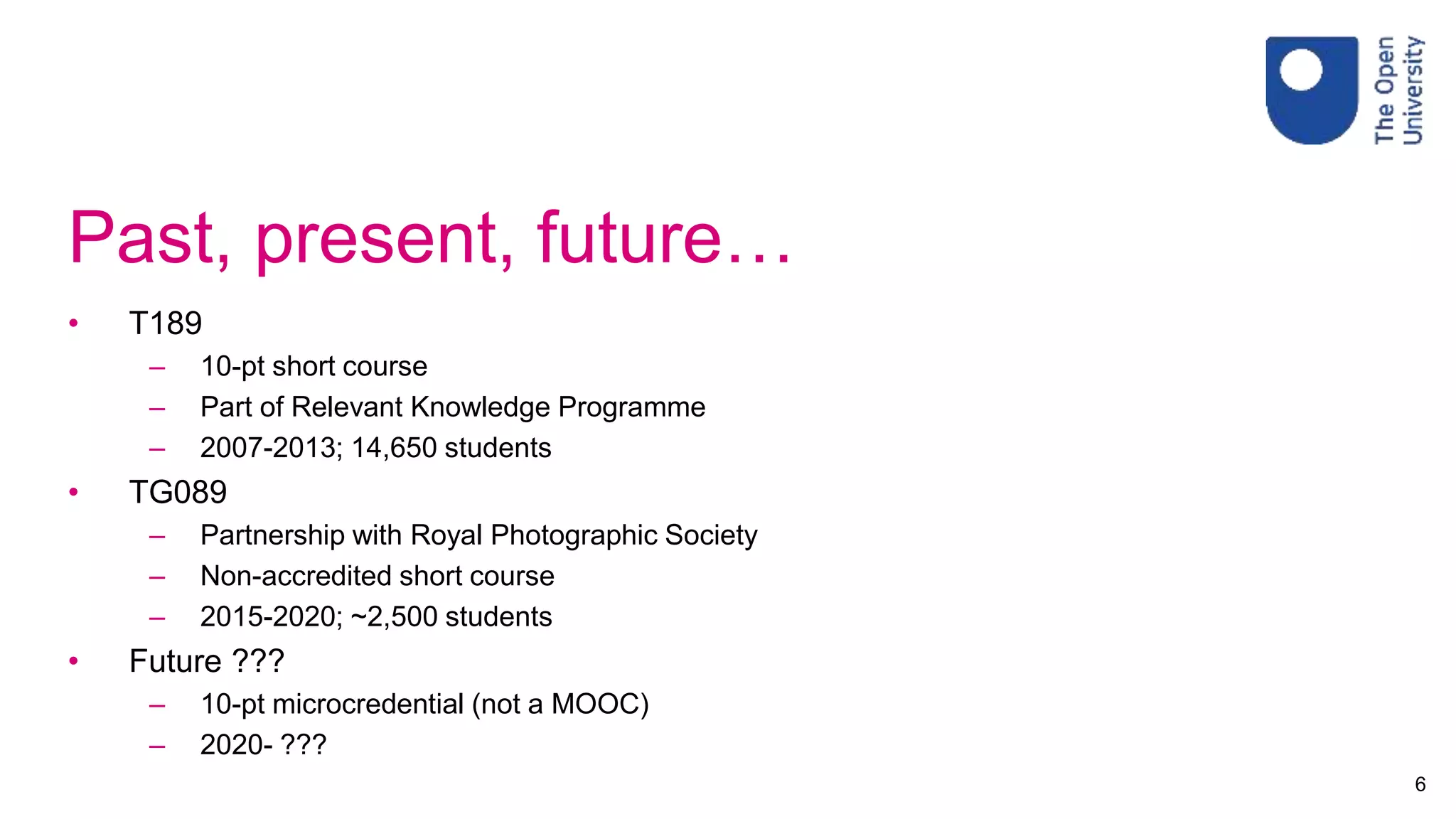 Past, present, future…
• T189
– 10-pt short course
– Part of Relevant Knowledge Programme
– 2007-2013; 14,650 students
• TG089
– Partnership with Royal Photographic Society
– Non-accredited short course
– 2015-2020; ~2,500 students
• Future ???
– 10-pt microcredential (not a MOOC)
– 2020- ???
6
 