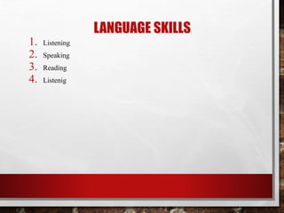 LANGUAGE SKILLS 
1. Listening 
2. Speaking 
3. Reading 
4. Listenig 
 