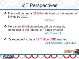  There will be nearly 26 billion devices on the Internet of
Things by 2020.
[Gartner]
 More than 30 billion devices will be wirelessly
connected to the Internet of Things by 2020
[ABI Research]
 It's expected to be a 19 Trillion USD market
[John Chambers, Cisco CEO]
IoT Perspectives
 