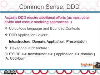 Common Sense: DDD
18
Actually DDD require additional efforts (as most other
divide and concur modeling approaches :)
 Ubiquitous language and Bounded Contexts
 DDD Application Layers:
Infrastructure, Domain, Application, Presentation
 Hexagonal architecture :
OUTSIDE <-> transformer <-> ( application <-> domain )
[A. Cockburn]
 