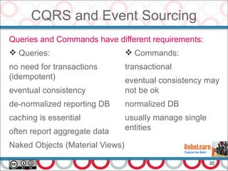 CQRS and Event Sourcing
20
Queries and Commands have different requirements:
 Queries:
no need for transactions
(idempotent)
eventual consistency
de-normalized reporting DB
caching is essential
often report aggregate data
Naked Objects (Material Views)
 Commands:
transactional
eventual consistency may
not be ok
normalized DB
usually manage single
entities
 