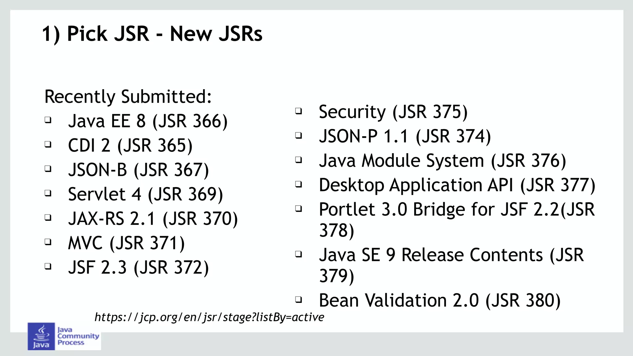1) Pick JSR - New JSRs 
❑ Security (JSR 375)
❑ JSON-P 1.1 (JSR 374)
❑ Java Module System (JSR 376)
❑ Desktop Application API (JSR 377)
❑ Portlet 3.0 Bridge for JSF 2.2(JSR
378)
❑ Java SE 9 Release Contents (JSR
379)
❑ Bean Validation 2.0 (JSR 380)
https://jcp.org/en/jsr/stage?listBy=active
Recently Submitted:
❑ Java EE 8 (JSR 366)
❑ CDI 2 (JSR 365)
❑ JSON-B (JSR 367)
❑ Servlet 4 (JSR 369)
❑ JAX-RS 2.1 (JSR 370)
❑ MVC (JSR 371)
❑ JSF 2.3 (JSR 372)
 