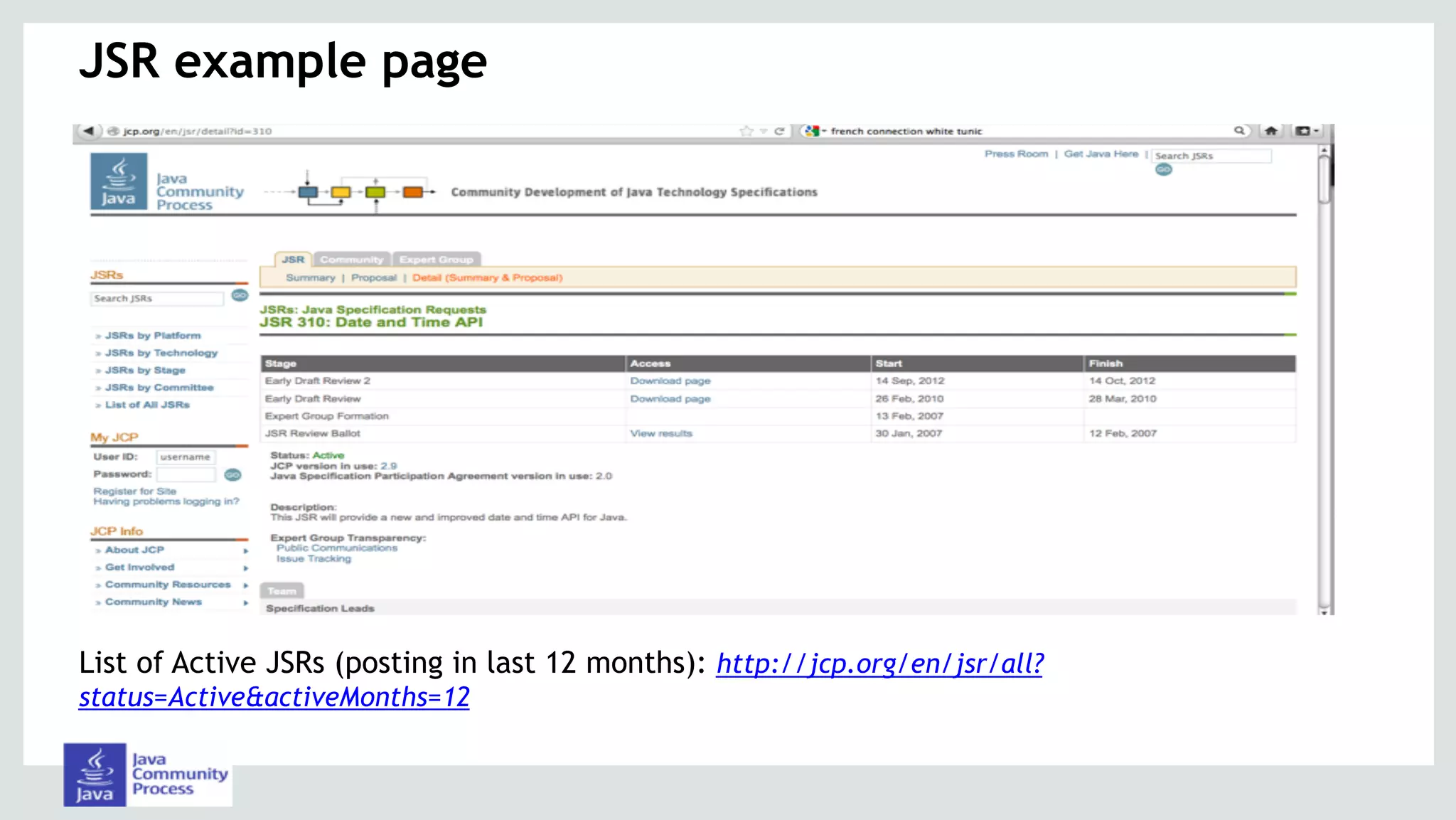 JSR example page
List of Active JSRs (posting in last 12 months): http://jcp.org/en/jsr/all?
status=Active&activeMonths=12
 