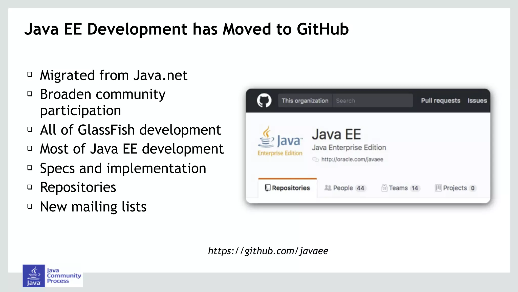 Java EE Development has Moved to GitHub 
❑ Migrated from Java.net
❑ Broaden community
participation
❑ All of GlassFish development
❑ Most of Java EE development
❑ Specs and implementation
❑ Repositories
❑ New mailing lists
https://github.com/javaee
 