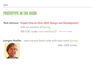 2002
PROTOTYPE IN THE BOOK
Rod Johnson “Expert One-on-One J2EE Design and Development”
with no mention of Spring
30k LOC under com.interface21 Check code on Github
Juergen Hoeller open source book code with new name Spring
after J2EE winter
 