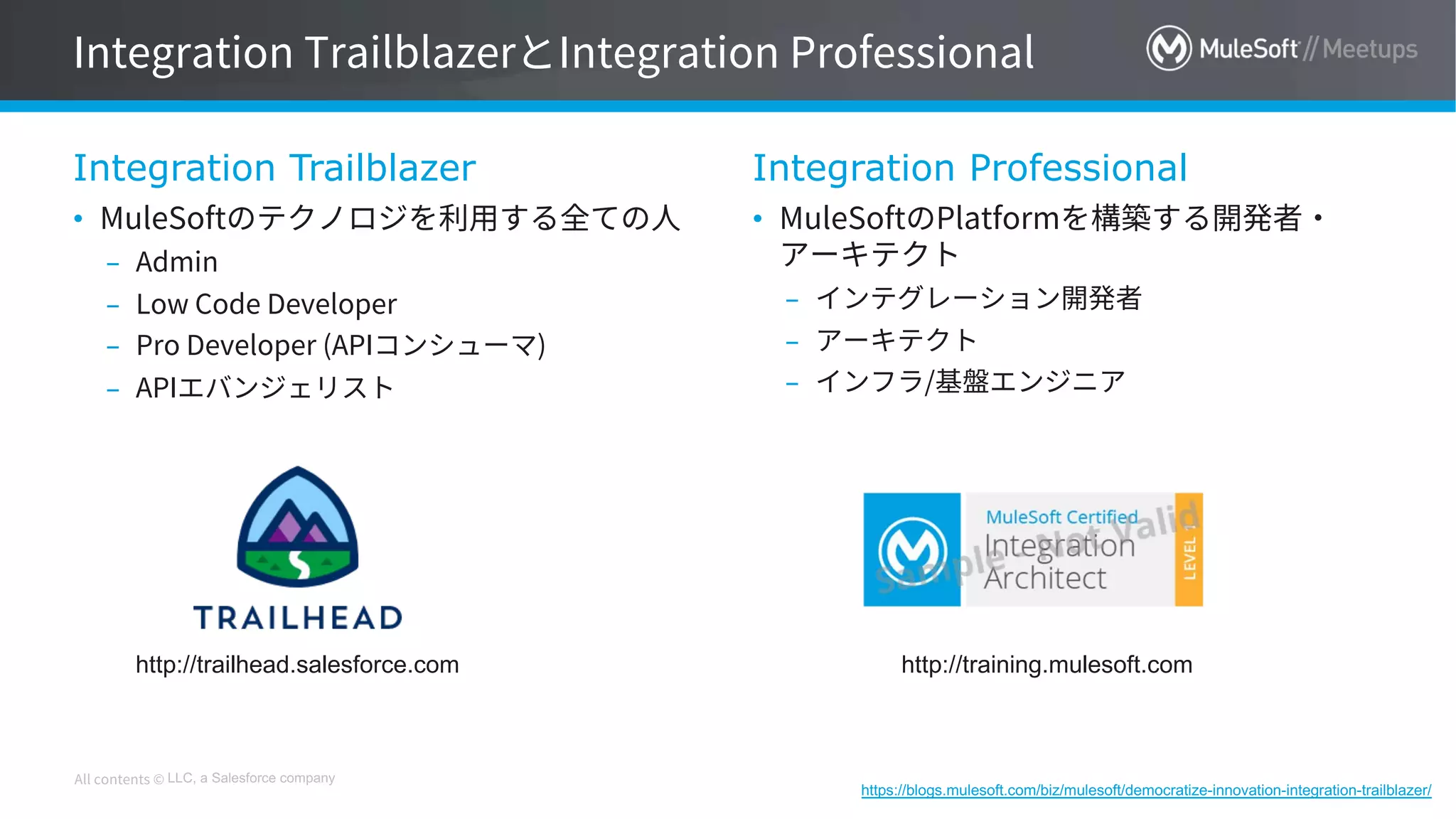 LLC, a Salesforce company
Integration Trailblazer
•
–
–
–
–
Integration Professional
•
–
–
–
https://blogs.mulesoft.com/biz/mulesoft/democratize-innovation-integration-trailblazer/
http://training.mulesoft.comhttp://trailhead.salesforce.com
 