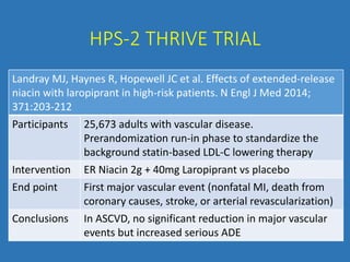 HPS-2 THRIVE TRIAL
Landray MJ, Haynes R, Hopewell JC et al. Effects of extended-release
niacin with laropiprant in high-risk patients. N Engl J Med 2014;
371:203-212
Participants 25,673 adults with vascular disease.
Prerandomization run-in phase to standardize the
background statin-based LDL-C lowering therapy
Intervention ER Niacin 2g + 40mg Laropiprant vs placebo
End point First major vascular event (nonfatal MI, death from
coronary causes, stroke, or arterial revascularization)
Conclusions In ASCVD, no significant reduction in major vascular
events but increased serious ADE
 